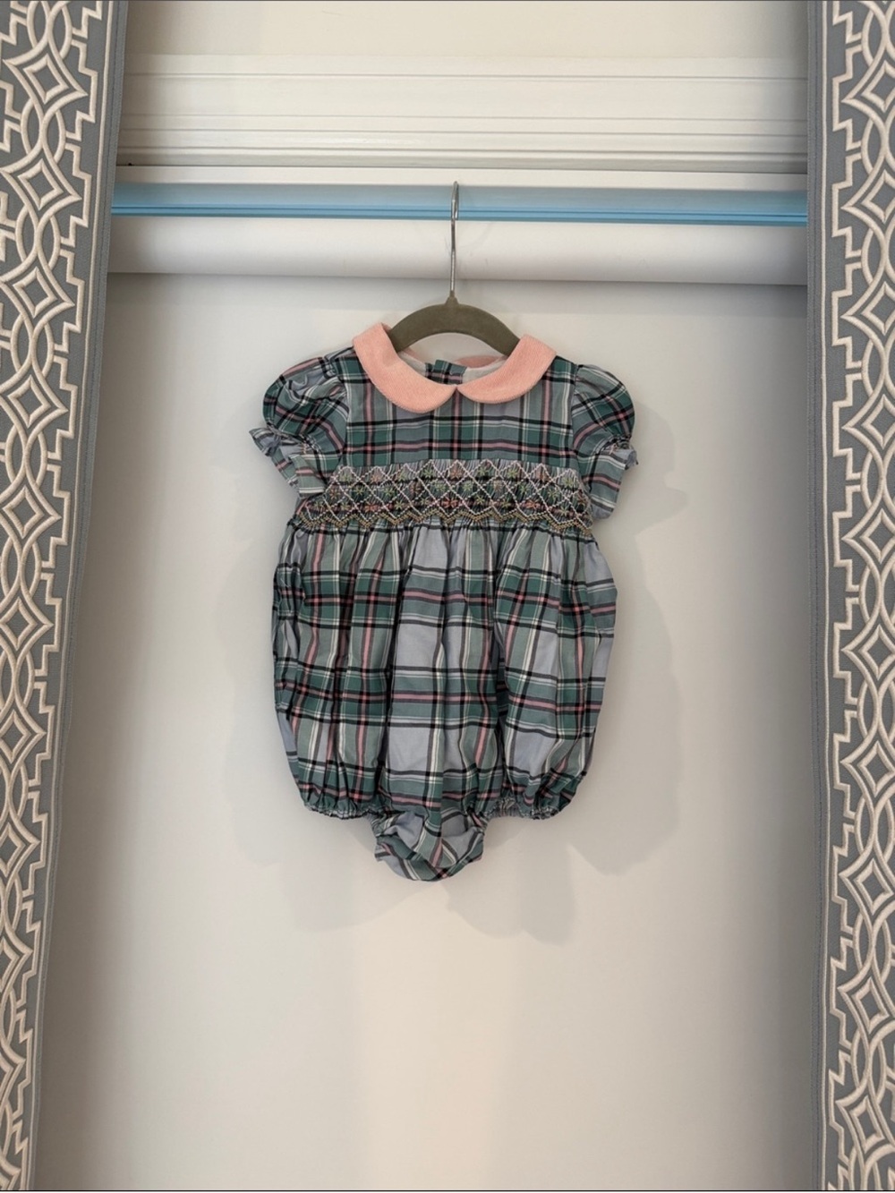 Gorgeous Plaid Smocked Baby One-Piece with Pink Collar